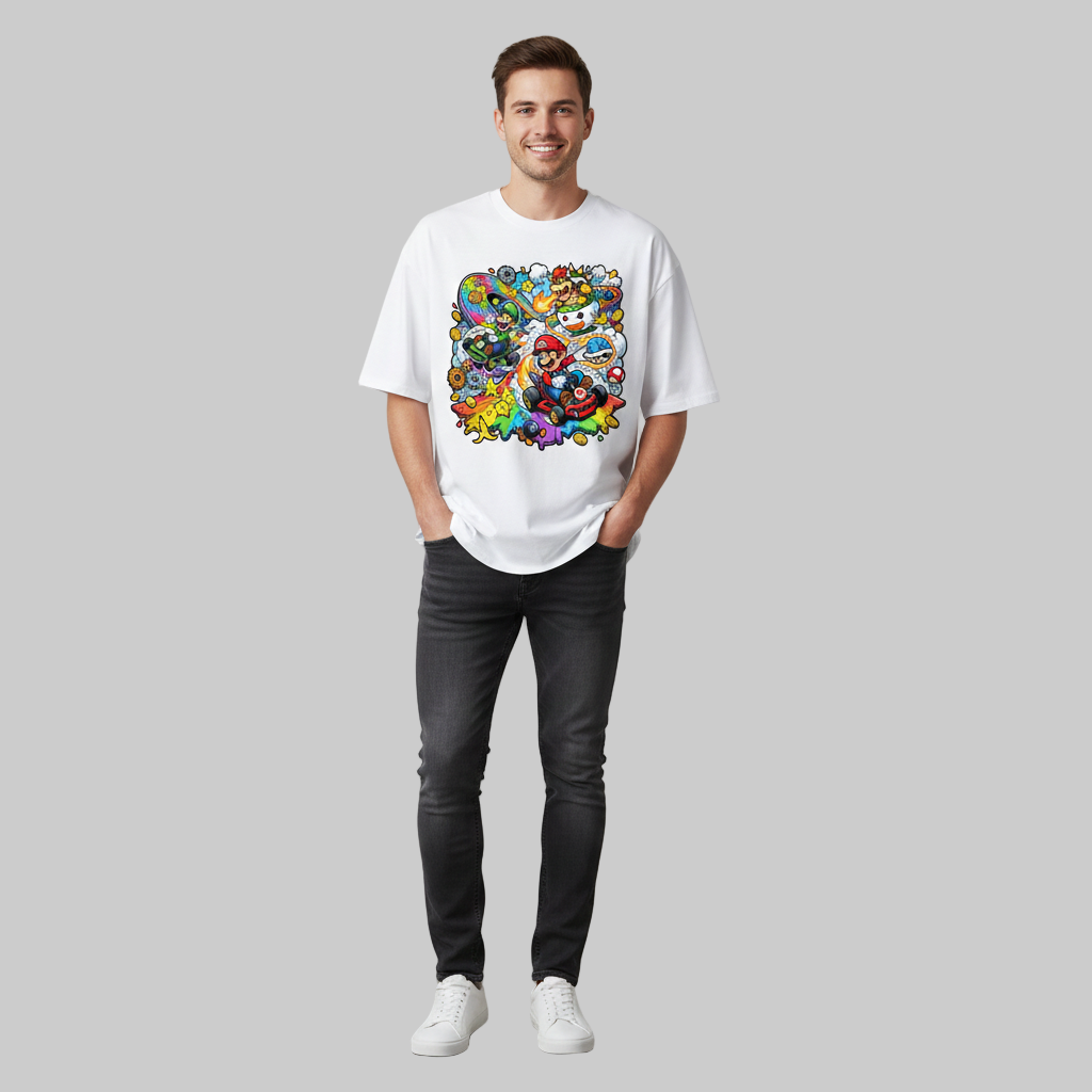 Man wearing a white t-shirt with colorful graphic design on a plain background