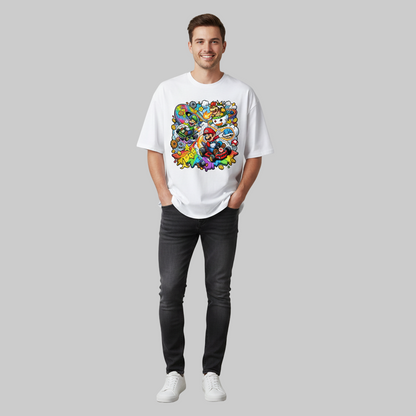 Man wearing a white t-shirt with colorful graphic design on a plain background