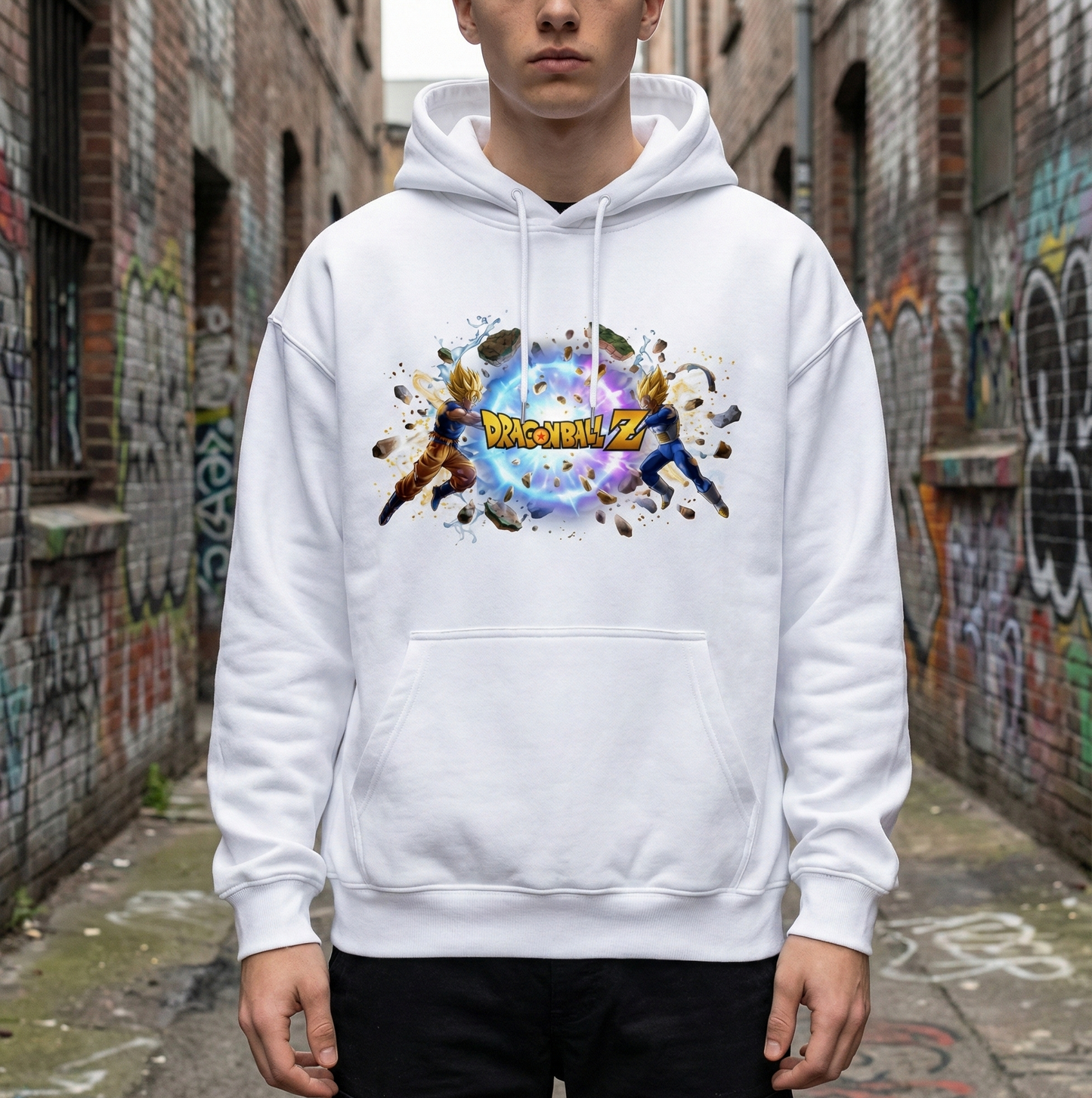 Person wearing a white hoodie with 'Dragon Ball Z' graphic in an alleyway.