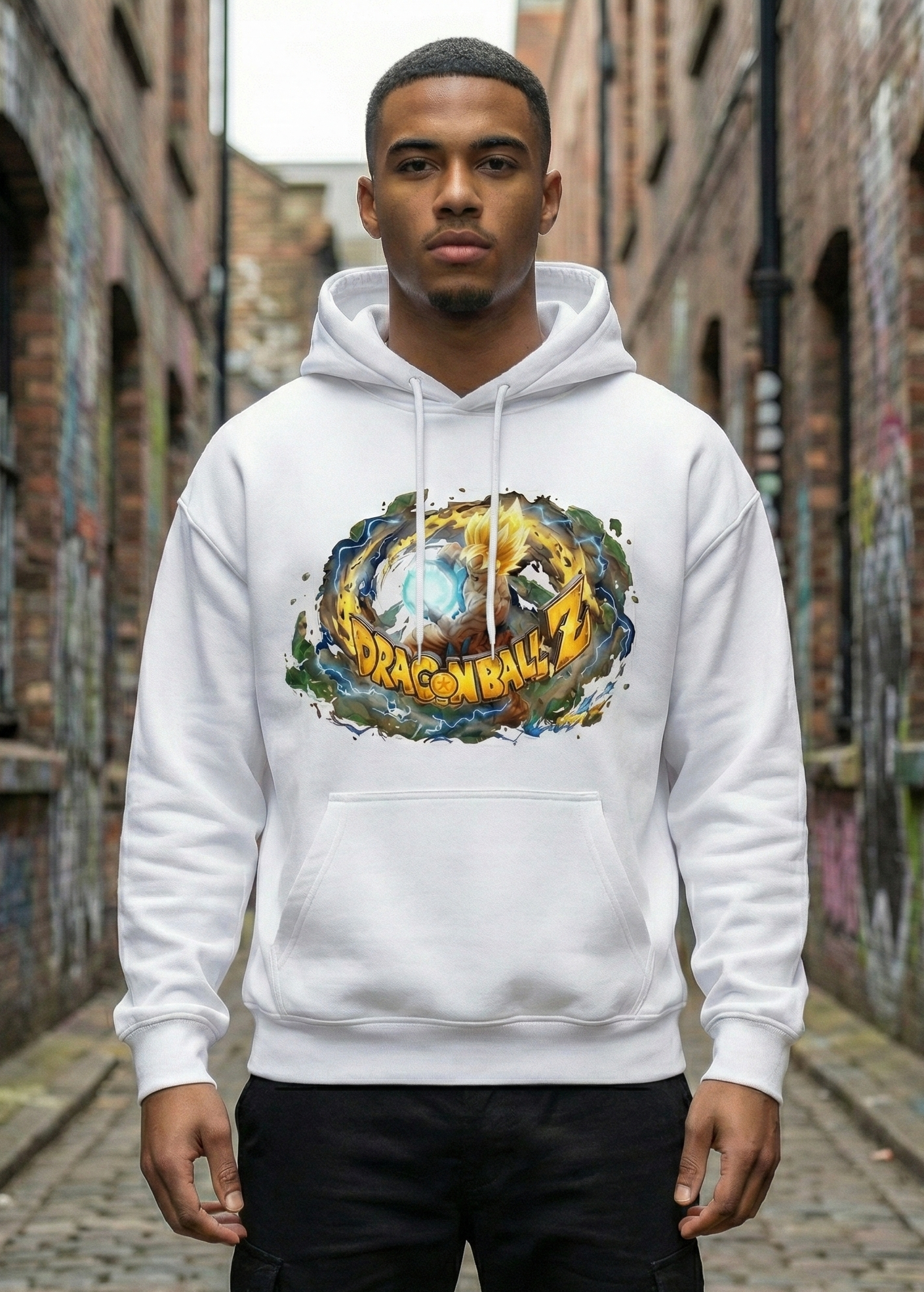 Person wearing a white hoodie with a colorful graphic design in an urban alleyway.