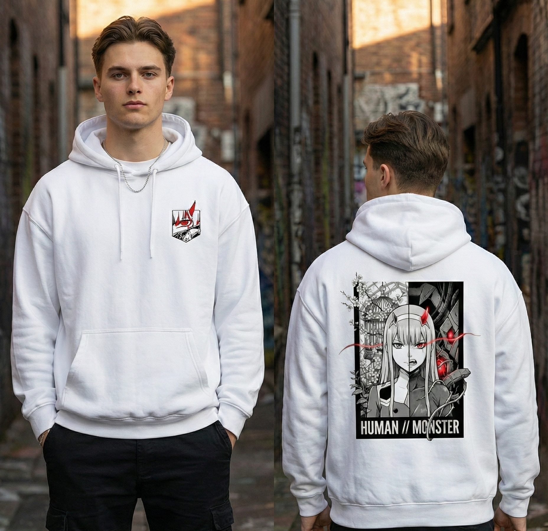 Person wearing a white hoodie with a graphic design on the front and back, standing in an alleyway.