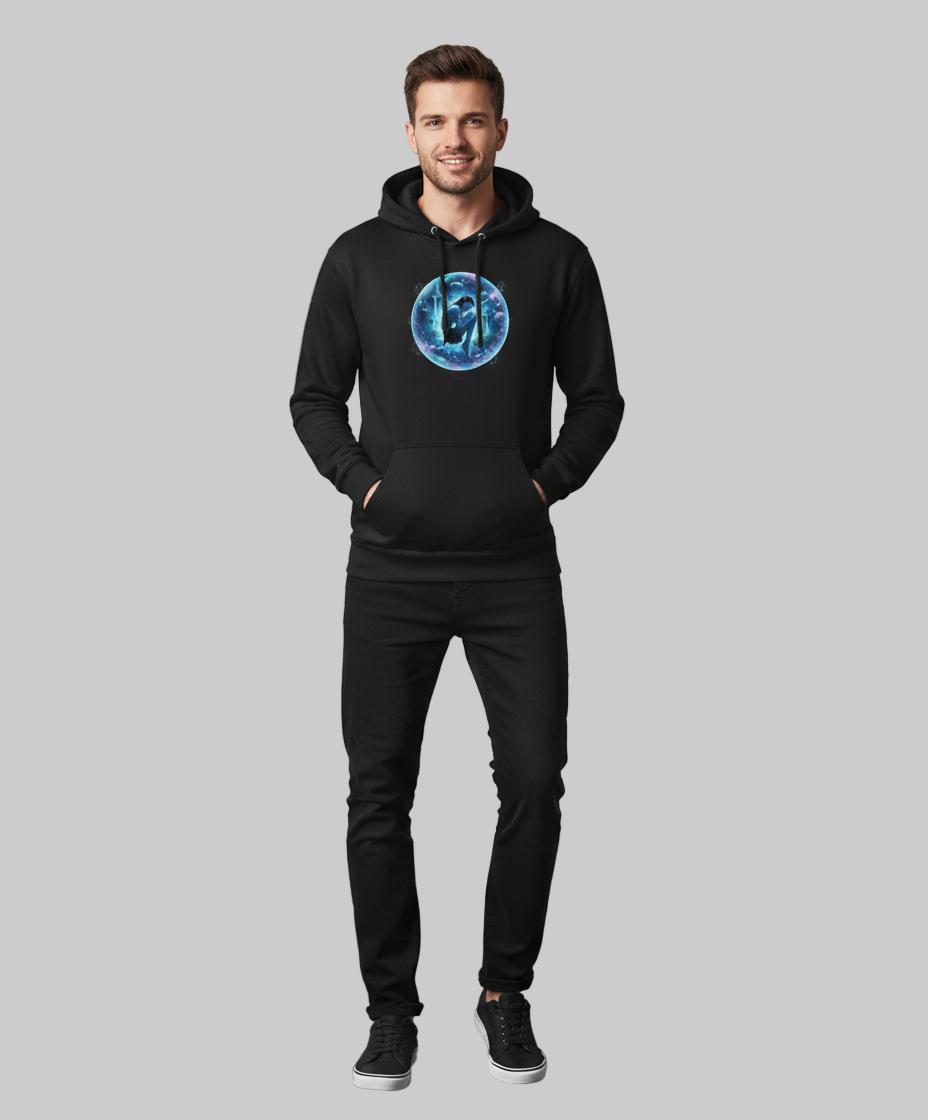 Man wearing a black hoodie with a blue graphic design on a gray background
