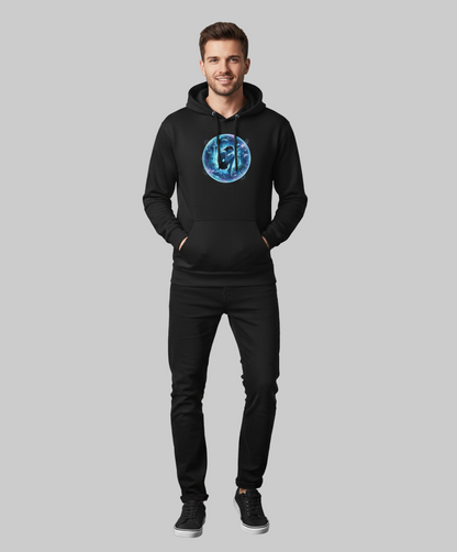 Man wearing a black hoodie with a blue graphic design on a gray background