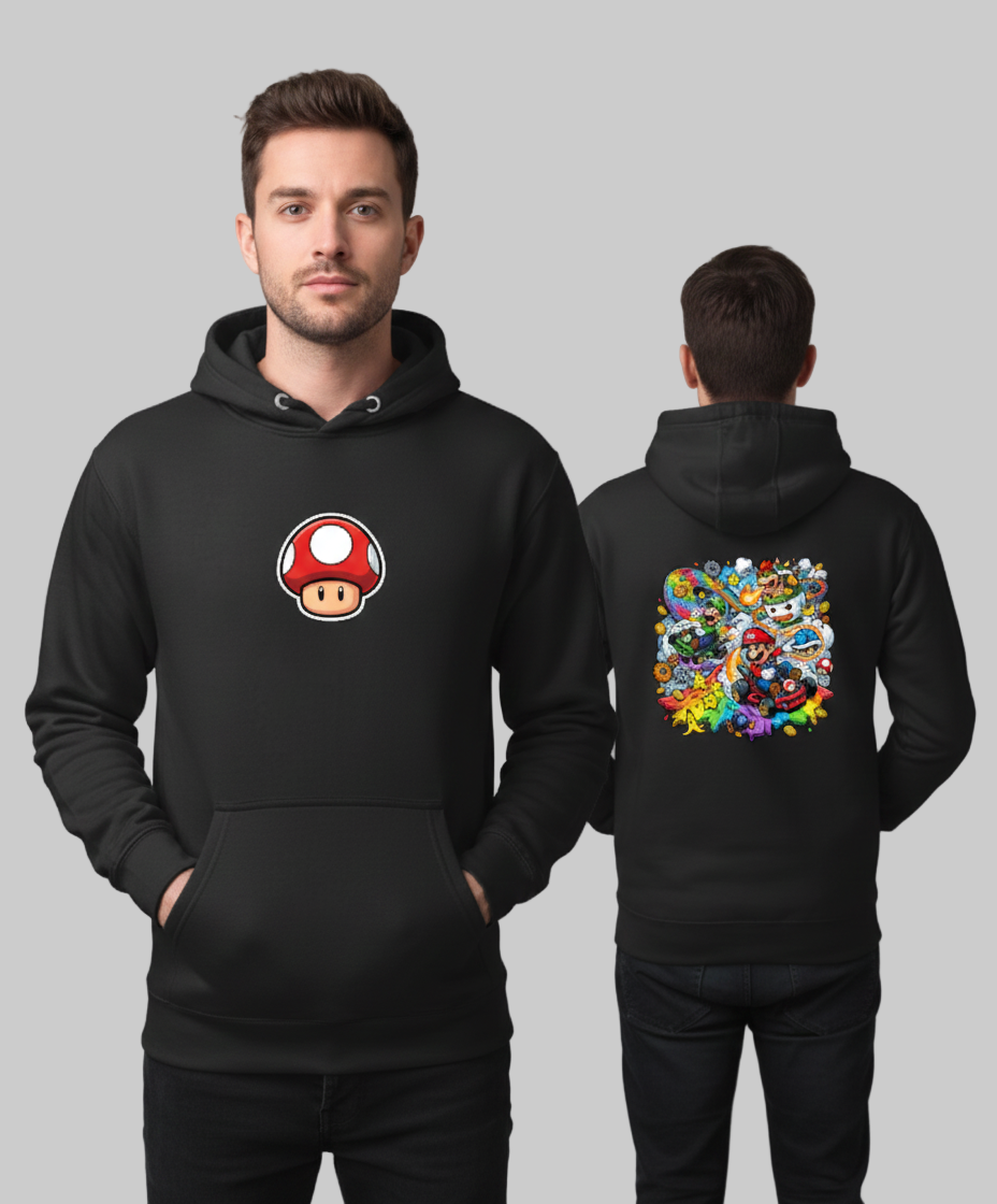 Black hoodie with mushroom graphic on front and colorful design on back worn by a person against a gray background