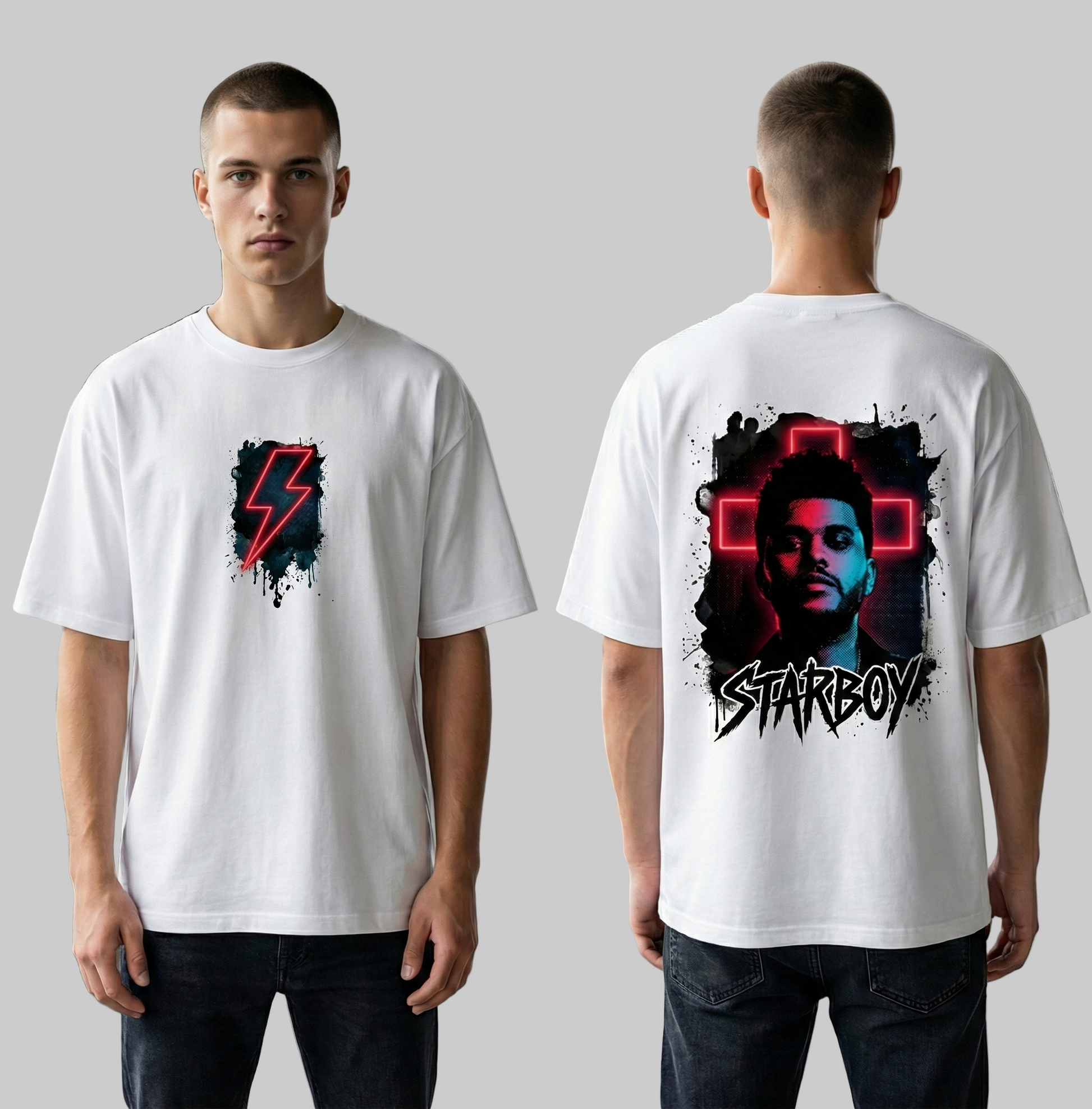 White t-shirt with graphic design on front and back worn by a person in an indoor setting.