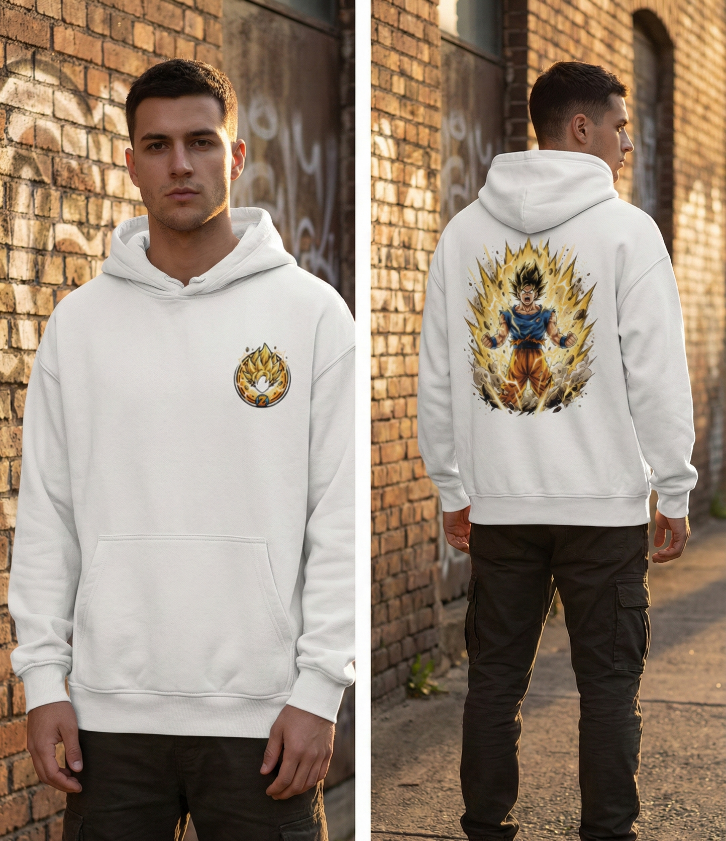 Person wearing a white hoodie with a front and back design, standing against a brick wall.