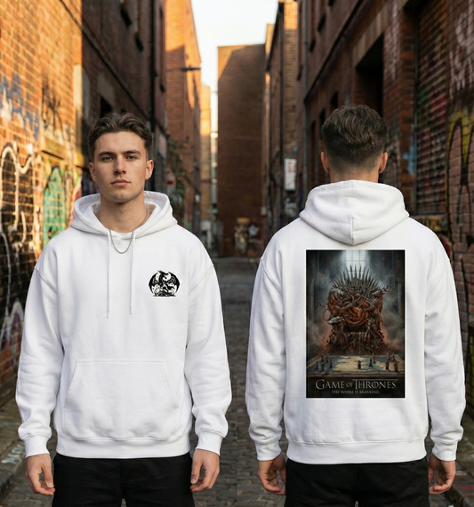Two people wearing white hoodies with 'Game of Thrones' logo and poster design on a street.