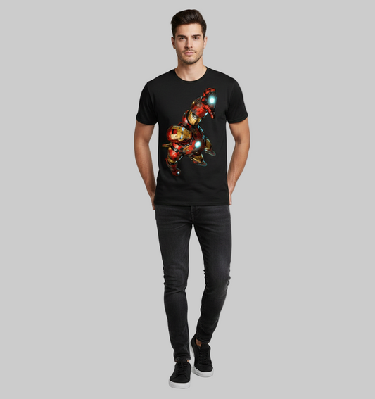 Man wearing a black t-shirt with a colorful robot design on a gray background