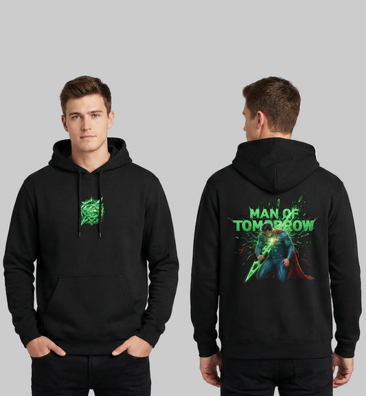 Black hoodie with 'Man of Tomorrow' graphic on front and back worn by a person
