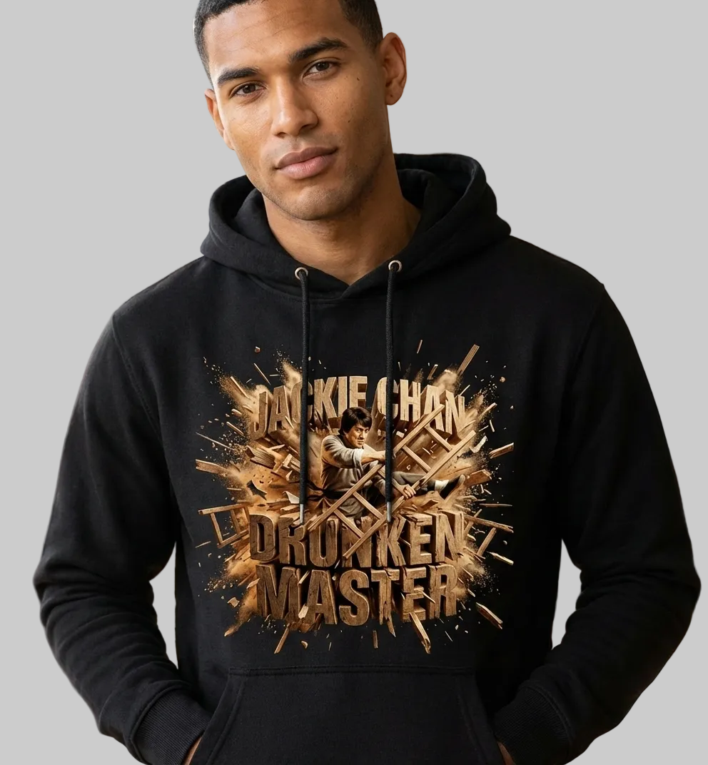 Man wearing a black hoodie with 'Jackie Chan Drunken Master' graphic design.