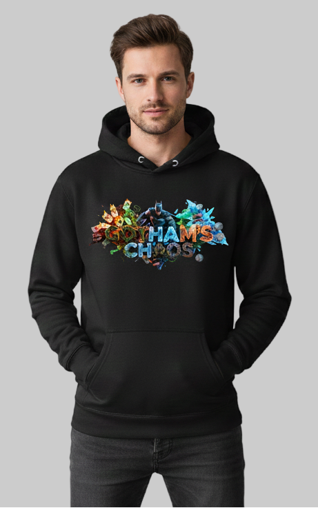 Man wearing a black hoodie with colorful graphic design on a plain background