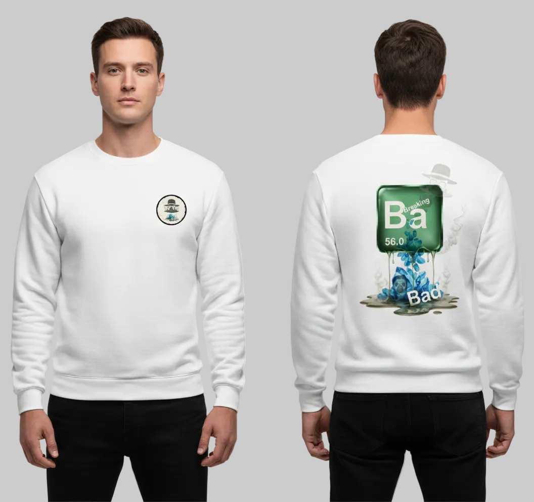 White sweatshirt with front and back designs, worn by a person on a gray background