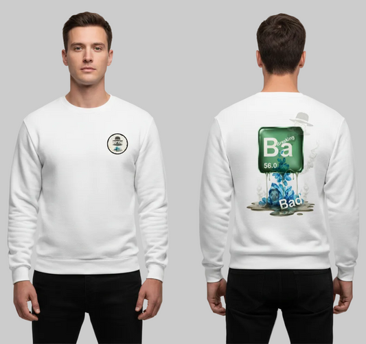 White sweatshirt with front and back designs, worn by a person on a gray background