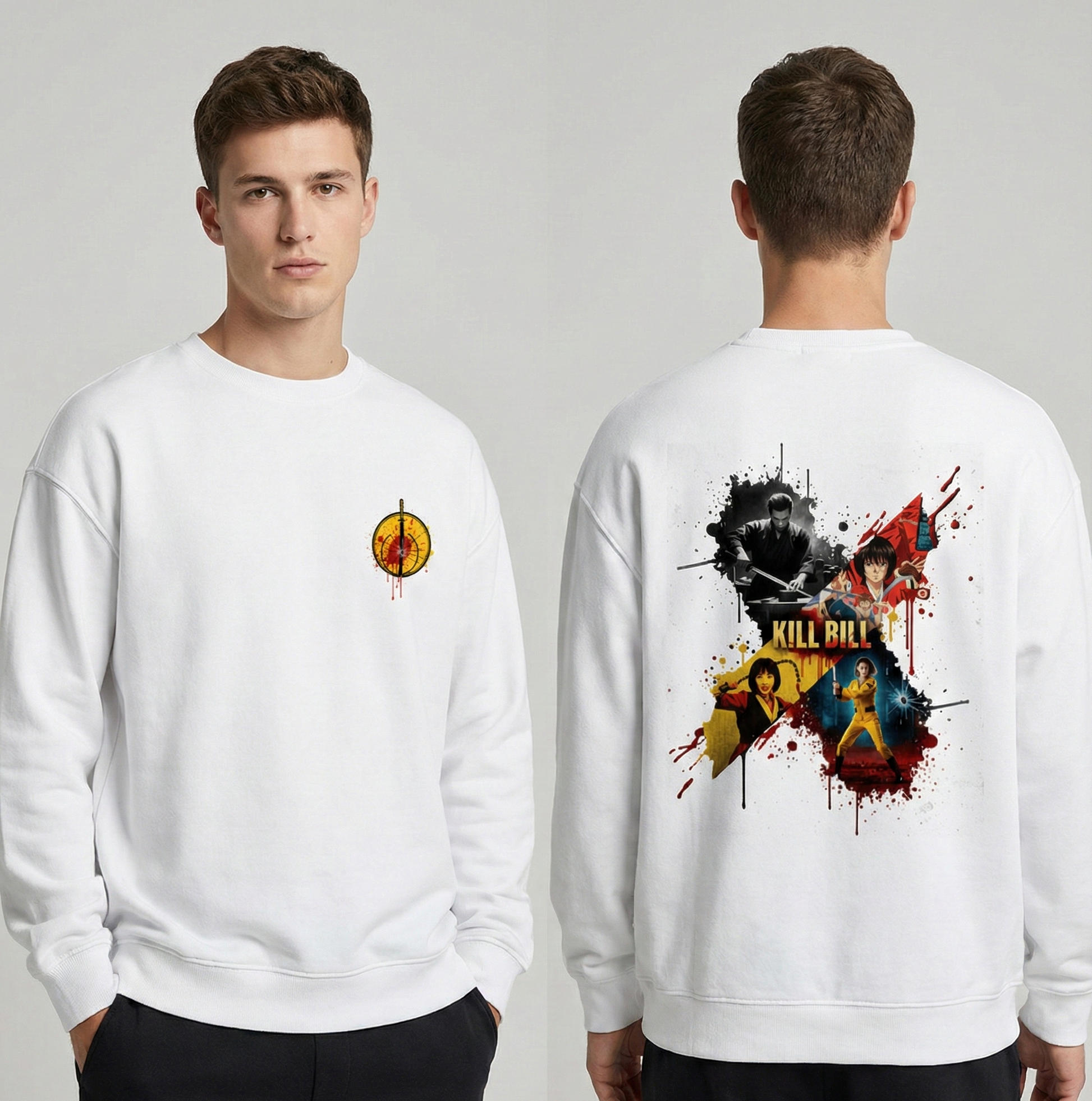 White sweatshirt with front and back prints displayed on a person against a plain background