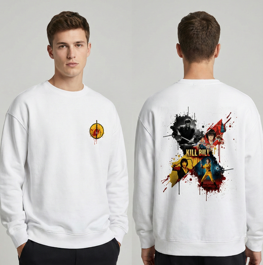 White sweatshirt with front and back prints displayed on a person against a plain background