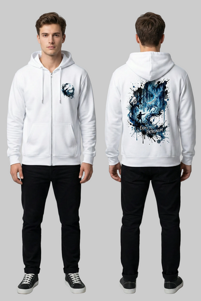 White hoodie with graphic design on front and back worn by a model against a gray background