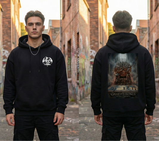 Person wearing a black hoodie with a design on the front and 'Game of Thrones' logo on the back, standing in an urban alleyway.