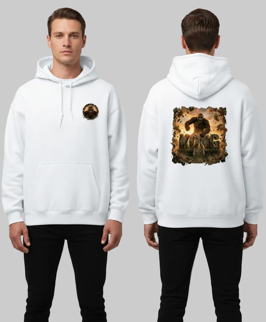 White hoodie with 'Kong' graphic on front and back worn by a person