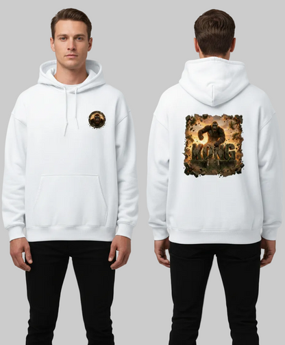 White hoodie with 'Kong' graphic on front and back worn by a person