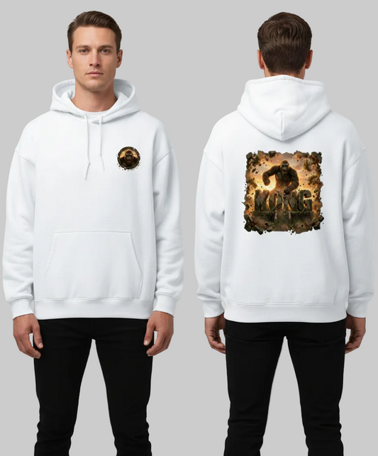 White hoodie with 'Kong' graphic on front and back worn by a person