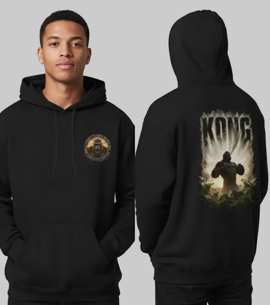 Black hoodie with front and back designs, worn by a person on a gray background