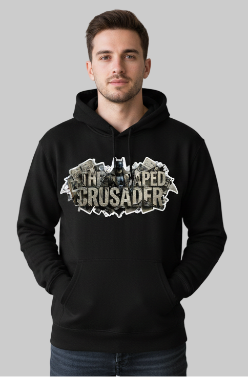 Person wearing a black hoodie with a logo on a plain background