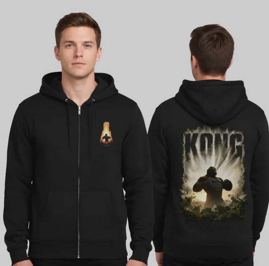 Black hoodie with 'Kong' graphic on the back worn by a person, showing front and back views.