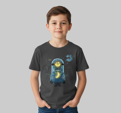 Child wearing a dark gray t-shirt with a space-themed graphic design on a plain background