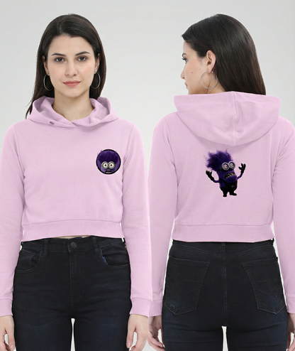 Pink hoodie with a purple character design on a plain background