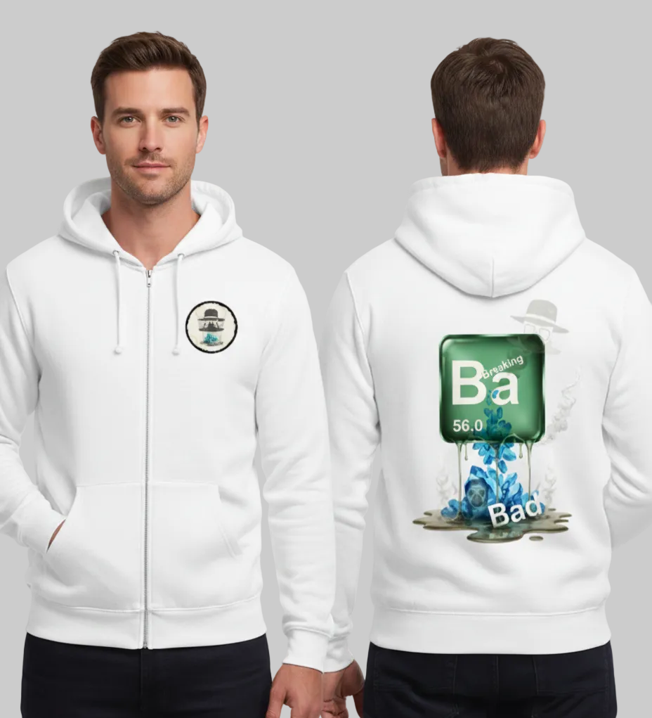White hoodie with front and back designs, worn by a person on a white background