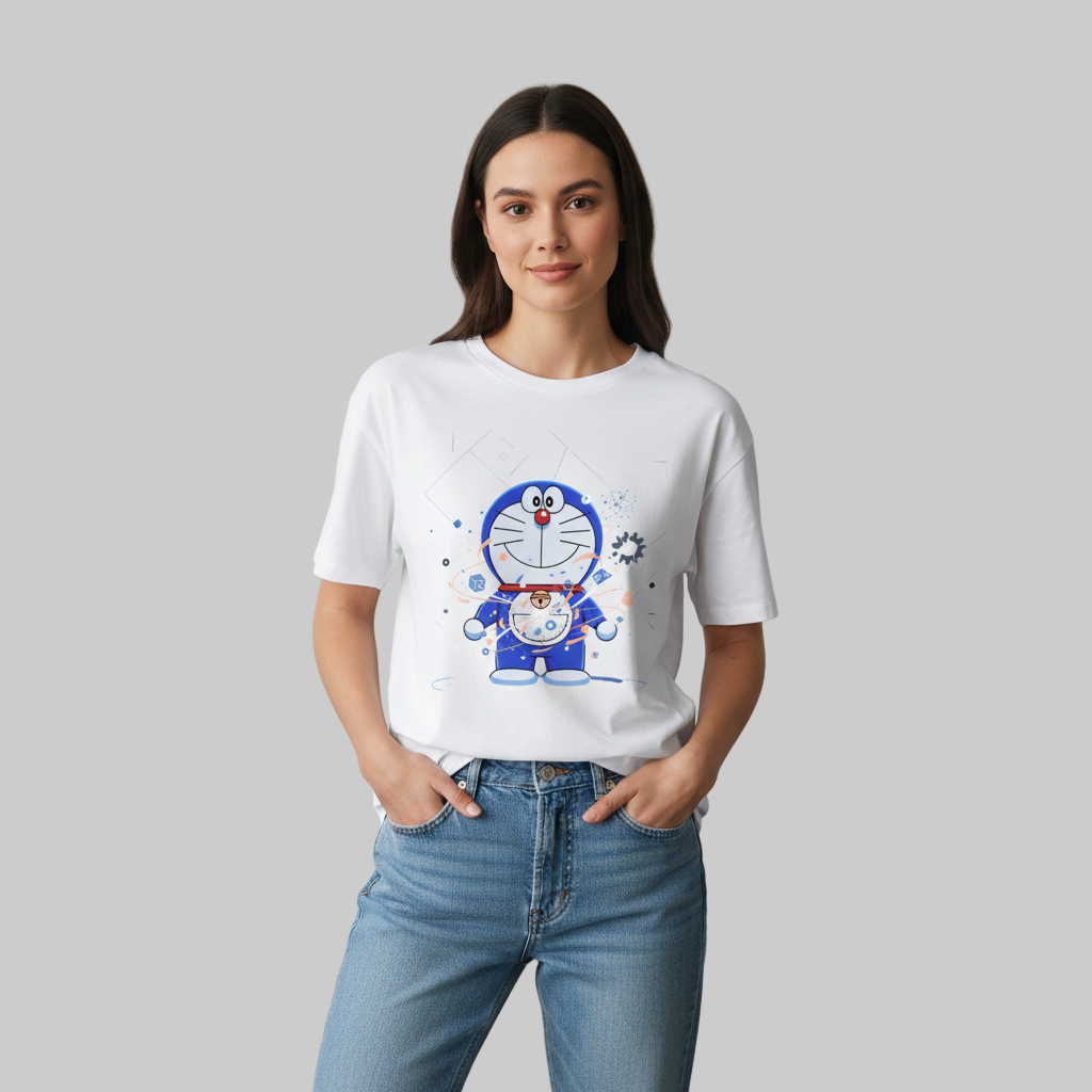 Futuristic Robot Cat Dore Mon Oversized Graphic Women T-Shirt Anime Streetwear