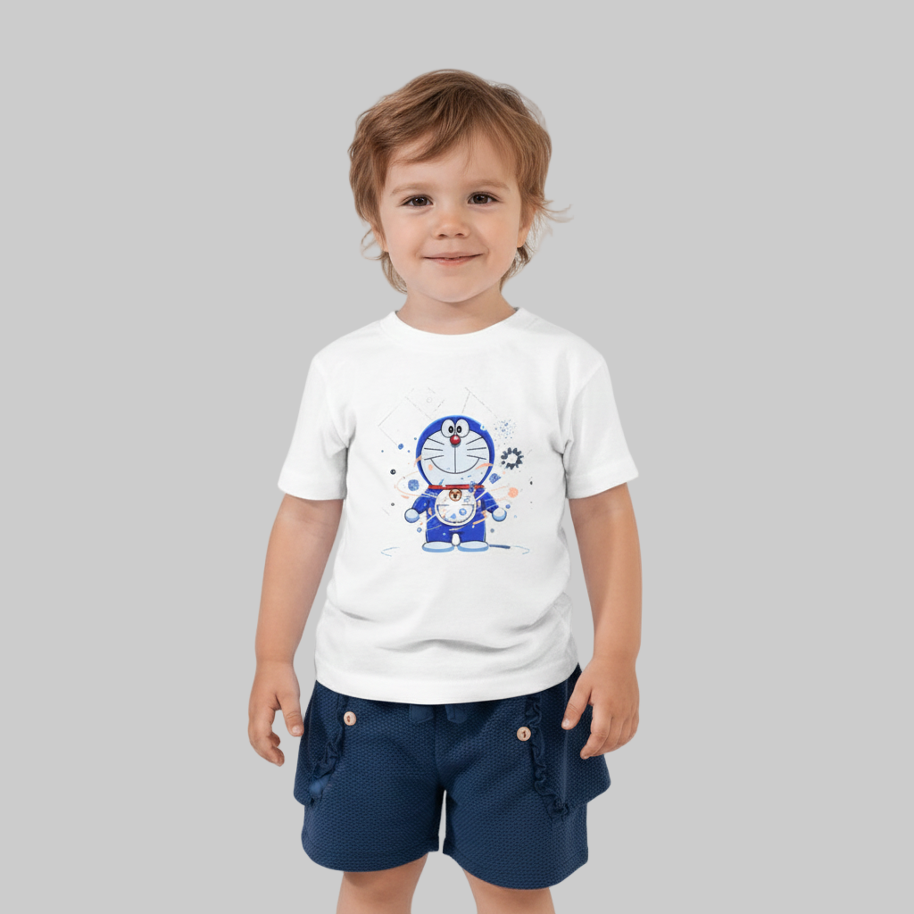 Cute Robot Cat Dore Mon Boys T-Shirt Pure Cotton Round Neck